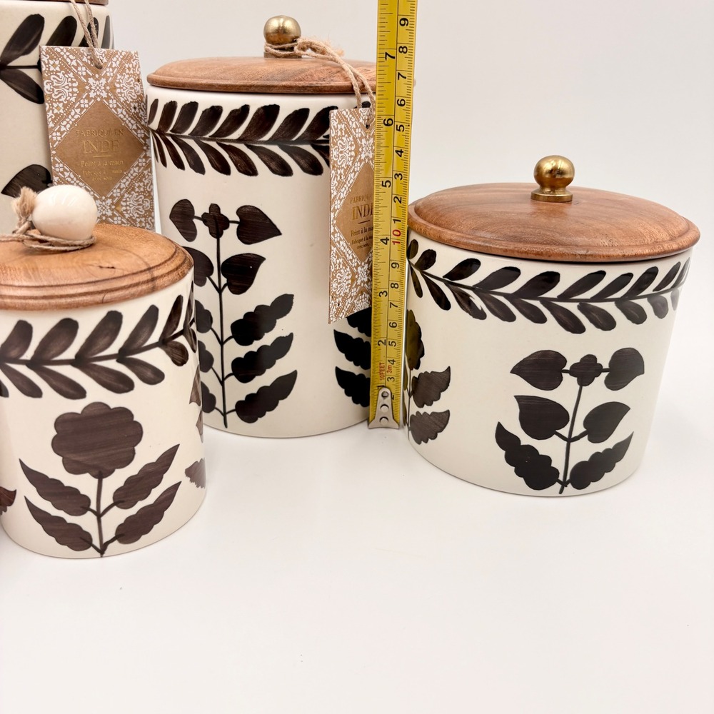 Made in India 4pc Ceramic Canister Set Black Cream Botanical Wood Lids New - Picture 3 of 6
